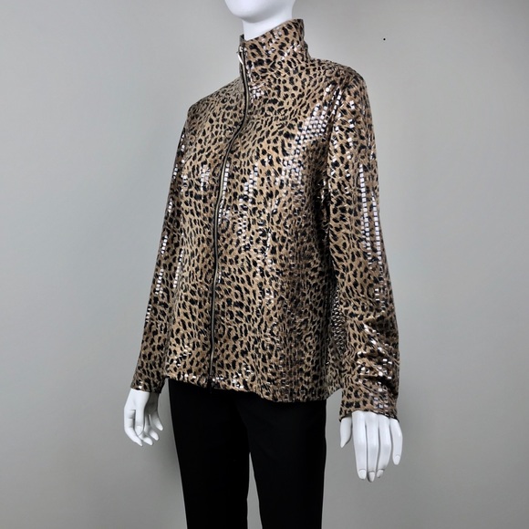 {Misook} Leopard Print Shiny Jacket - Picture 2 of 8